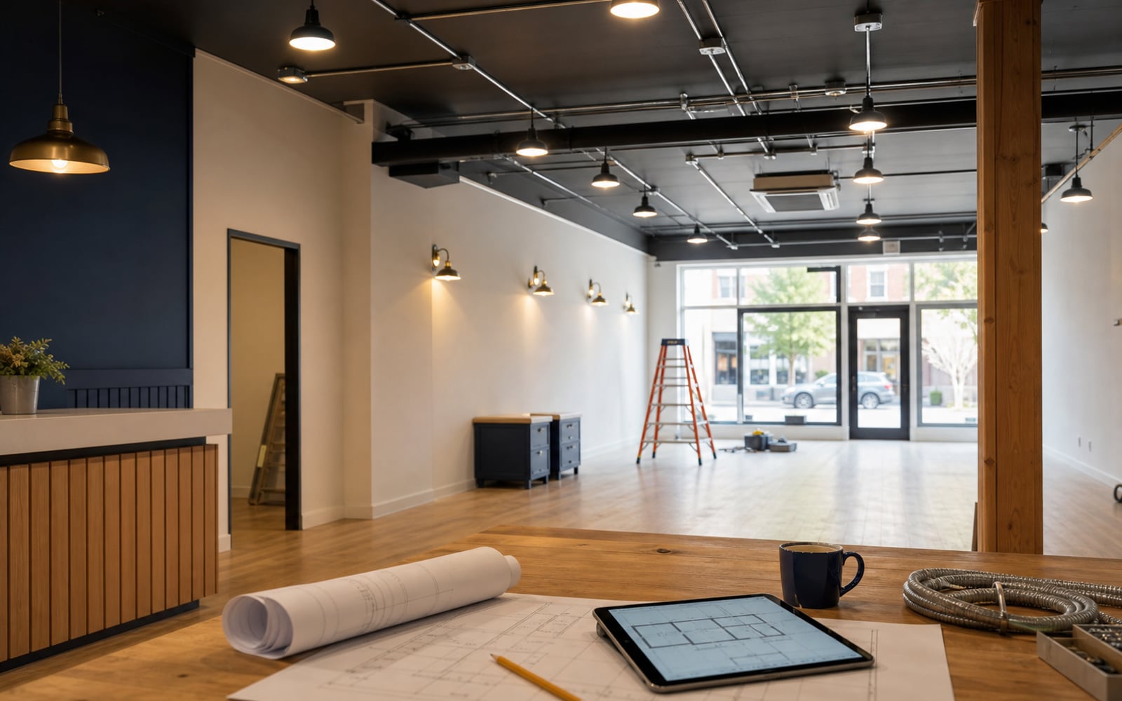 Plans and lighting work in a clean small commercial renovation