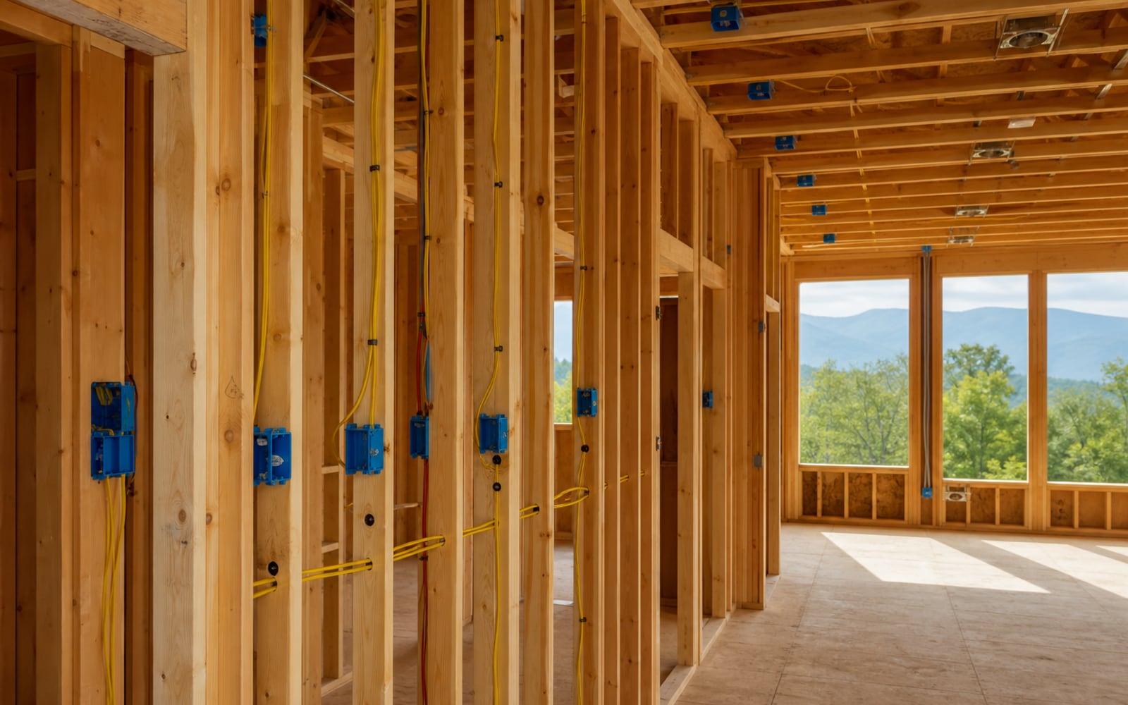 Organized electrical rough-in inside a new wood-framed home in the North Carolina mountains