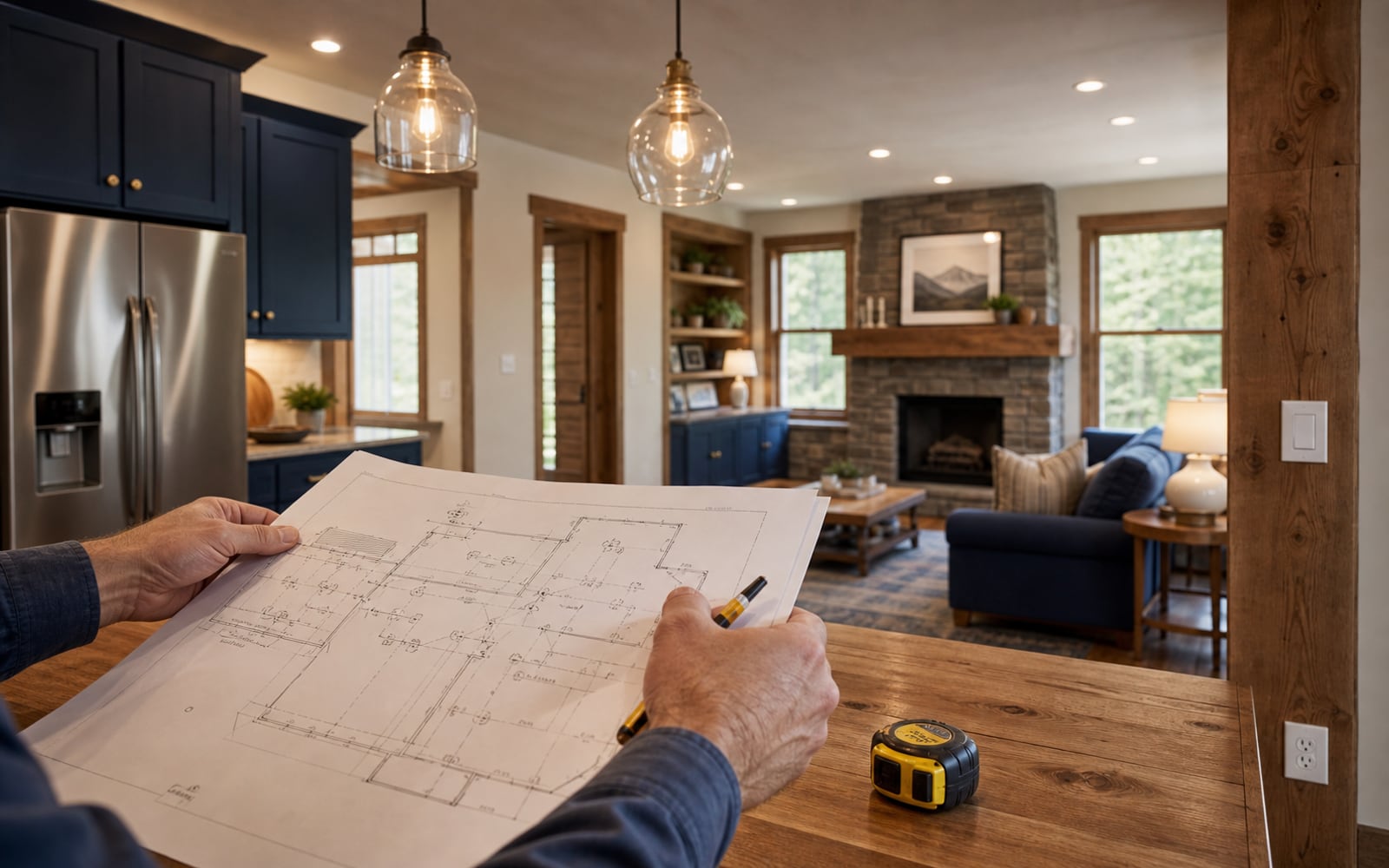 Electrical plans being reviewed inside a warm Franklin-area mountain home